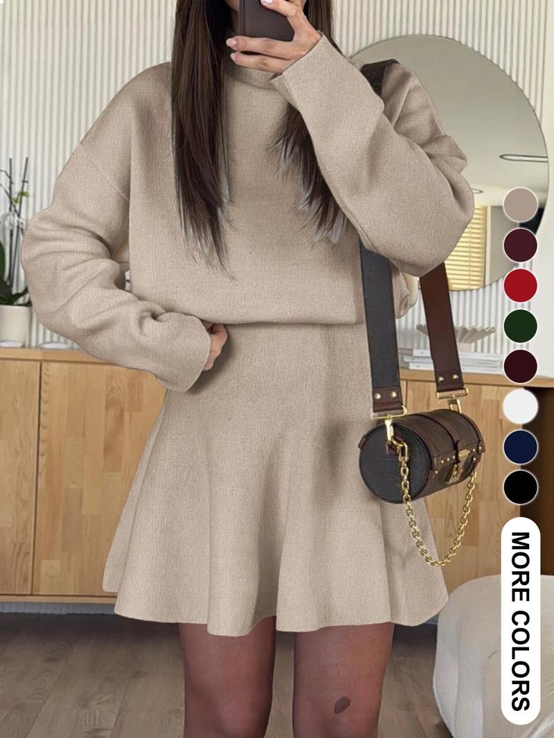 Women's Casual Half-High Neck Long Sleeve Knit Dress, Plain Color Loose-Fitting Sweater Dress, Fall & Winter Fashion
