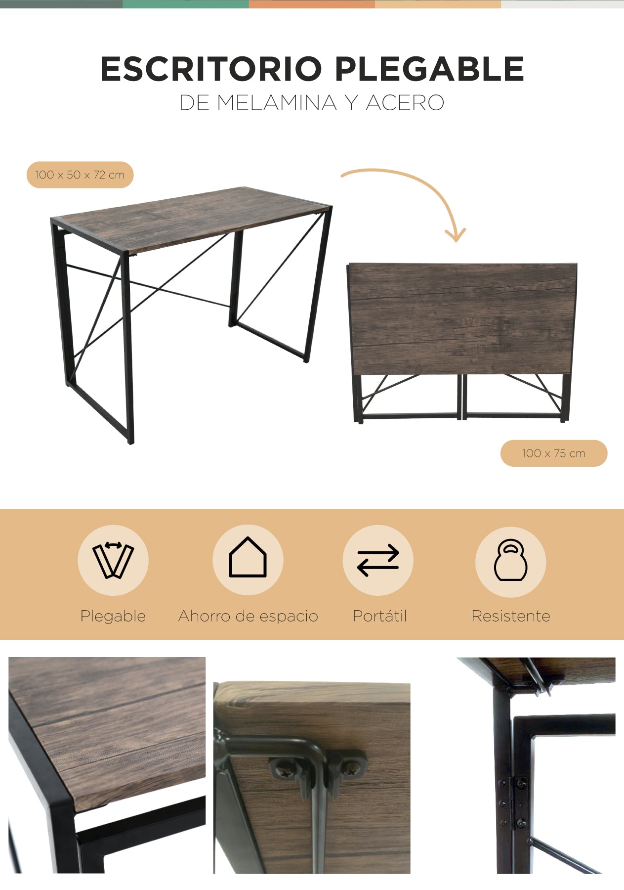 Escritorio Plegable de Melamina y Acero Café