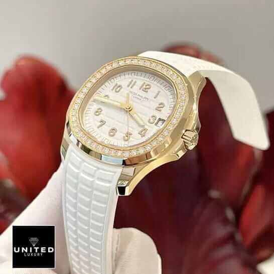 Patek Philippe Luce 5628 Replica 6 Patek Philippe Aquanaut Luce Diamond Bezel Gold Case Replica red background