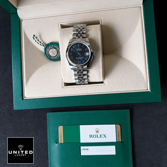 Rolex Datejust 178240-0037 Midsize Blue Steel Replica 4 Rolex Datejust 178240-0037 S.Steel Jubilee Replica in the Green Rolex Box & Guarantee Card