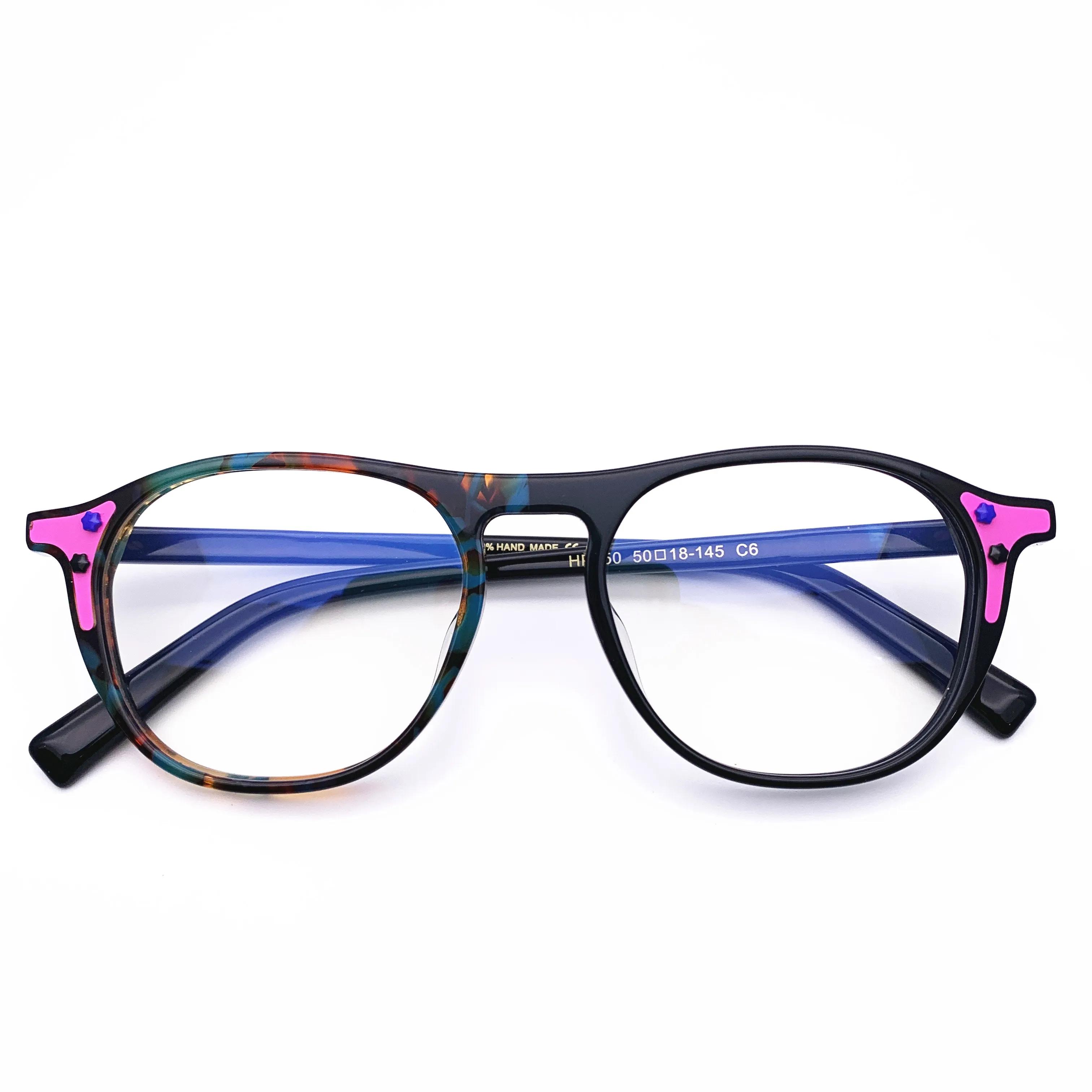 Belight Optical  Women Acetate Fancy Colorful Contrast Pink Color Star Rivet Design Spectacle Frame Precription Lens HP250