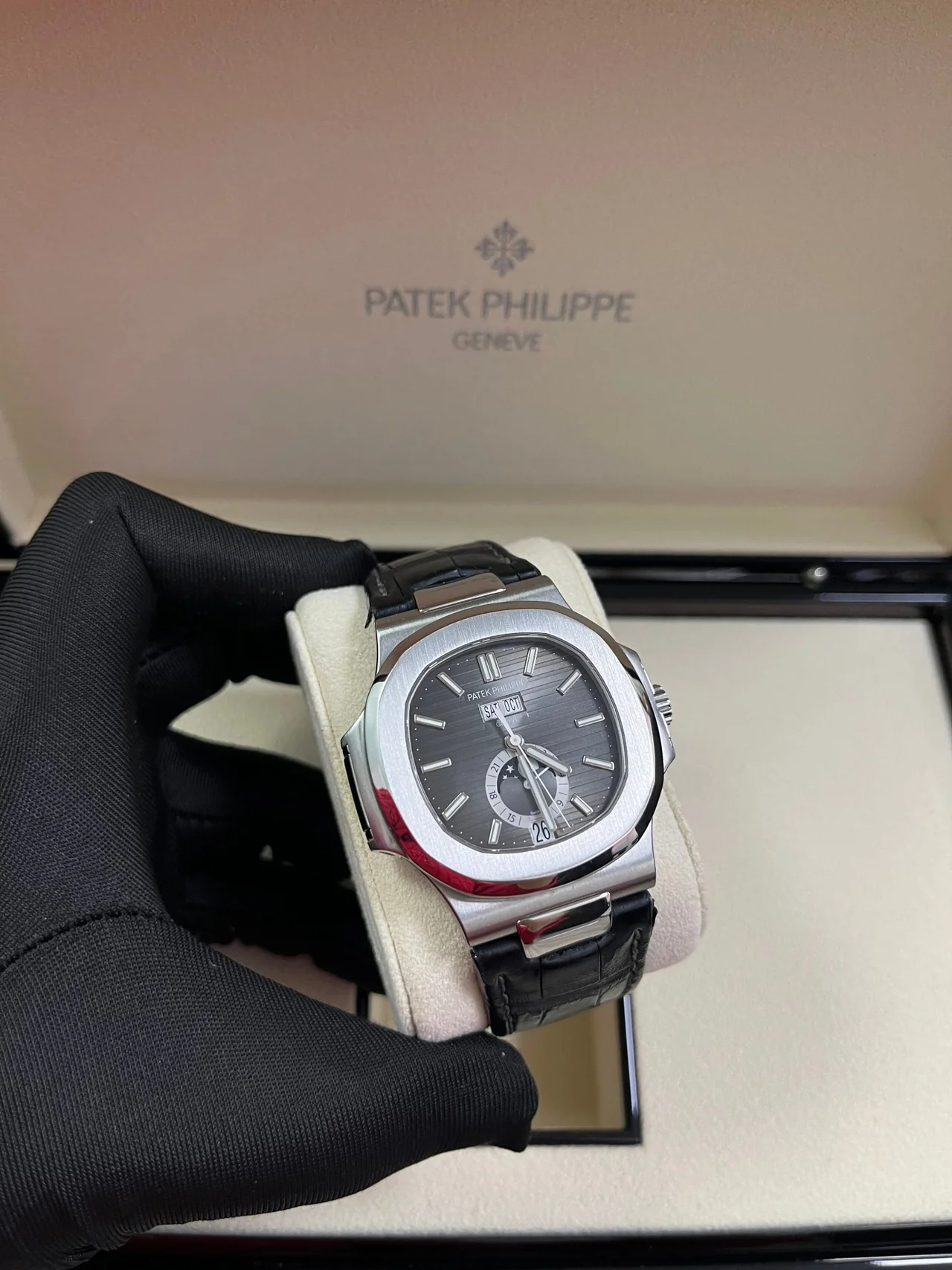 Patek Philippe Nautilus 5726A-001 Super Clone – Moon Phase Black Dial on Leather Strap
