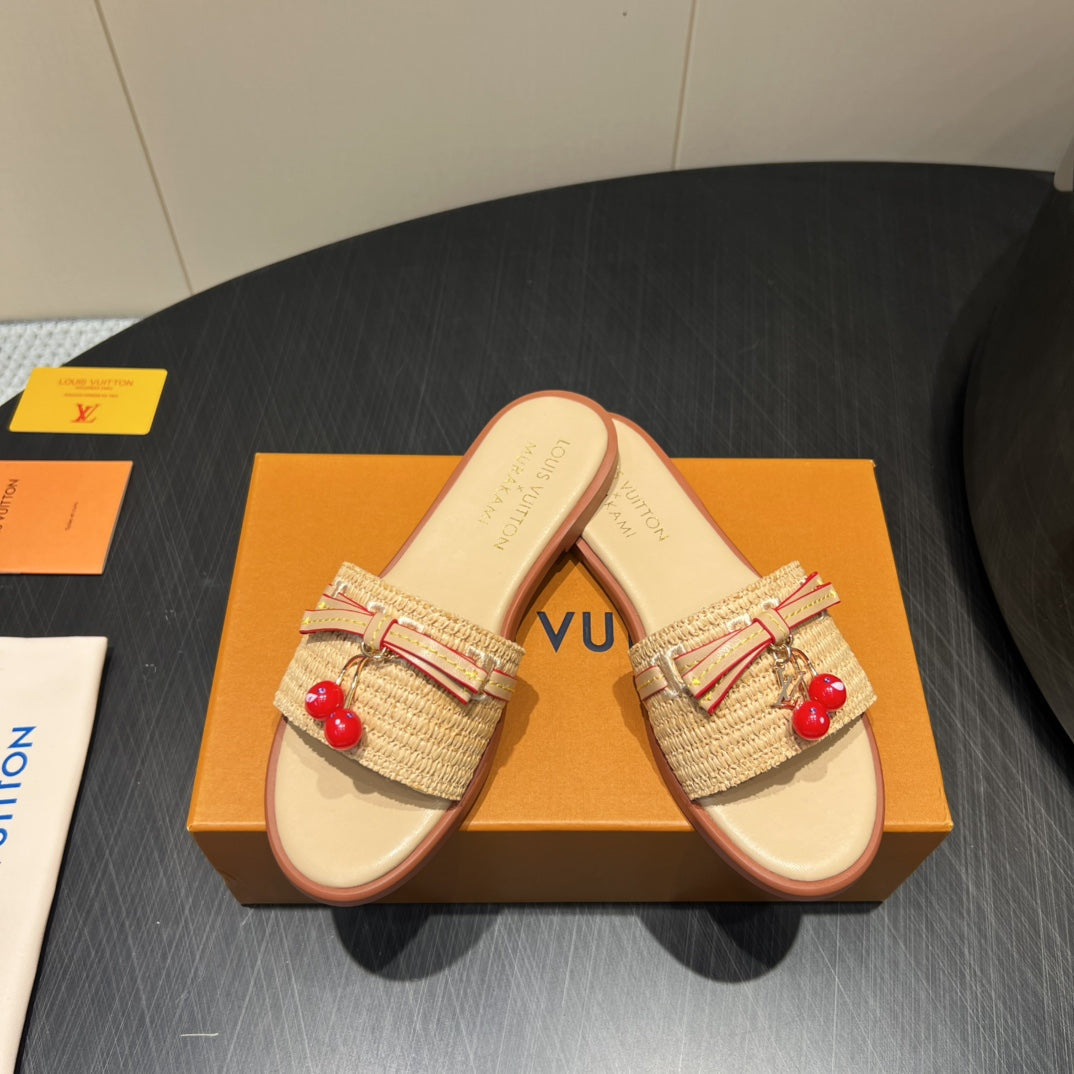 LV SLIDE SANDALS 25S IN BEIGE RAFFIA AND CALFSKIN WITH CHERRY BLOSSOM BUCKLE、mysite、Cacoeks