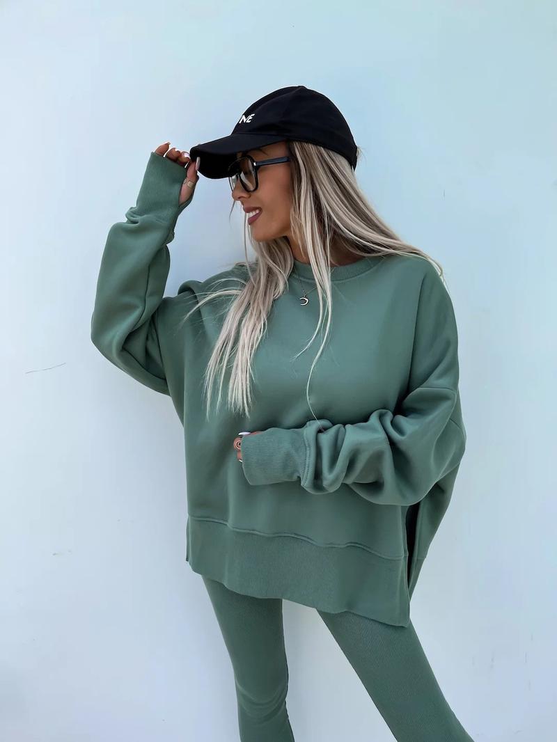 Oversize Two-Piece Set Women's  Split Hem Sweatshirt & Skinny Pants, Casual Fashion Cozy Round Neck Long Sleeve Pullover Women's Clothing for Fall & Basic Winter  Suits Womenswear Gamis
