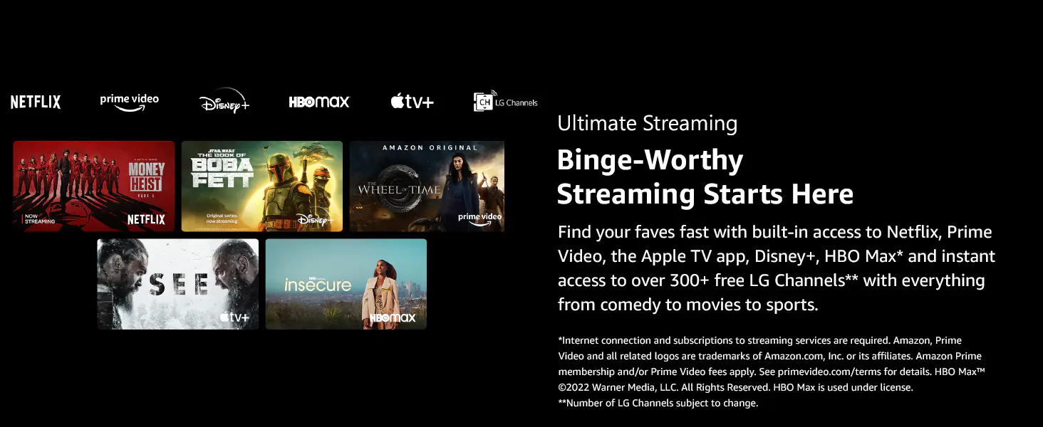 built-in access to Netflix, Prime Video, the Apple TV app, Disney, HBO Max plus free LG Channels