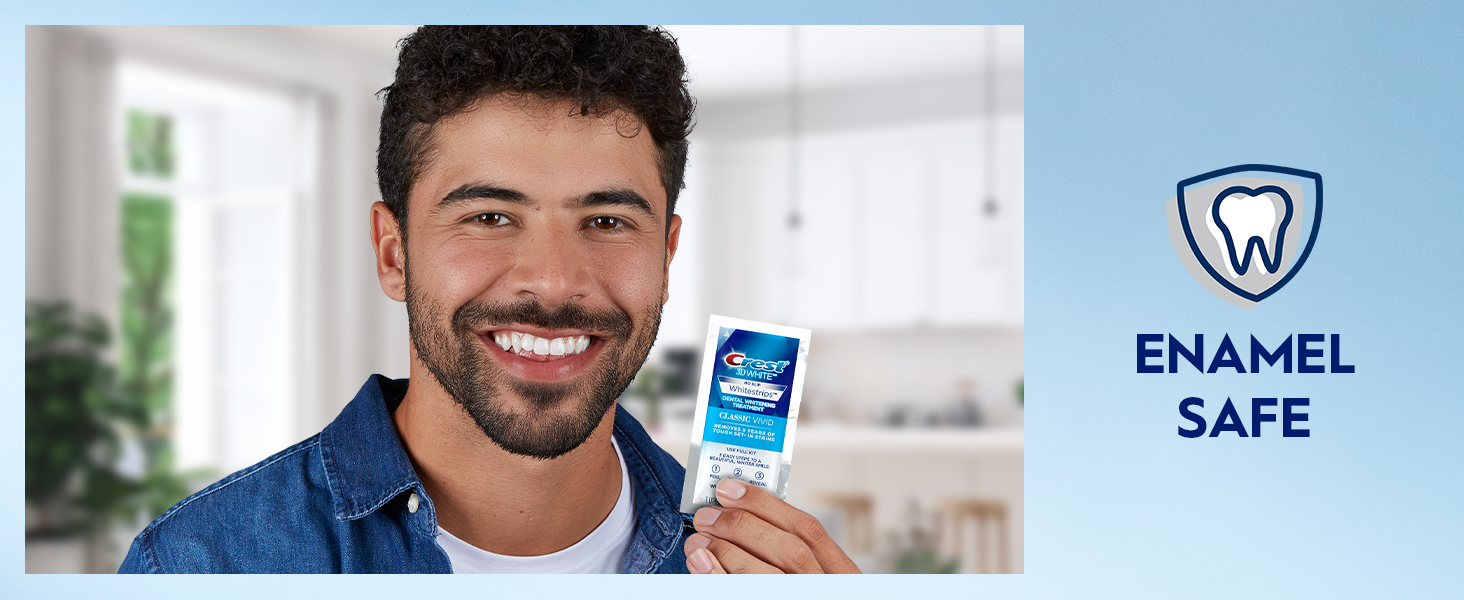 A man smiles bright while holding a Crest 3DWhitestrips Vivid Plus strip. Claim reads: enamel safe.