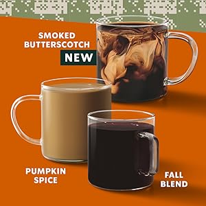 3 mugs: black, with cream, with a cream swirl. Fall Blend, Pumpkin Spice, Smoked Butterscotch. New.
