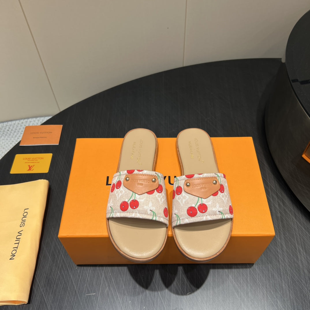 LV SLIDE SANDALS 25S IN BEIGE DENIM AND CALFSKIN WITH LOGO PRINT、mysite、Cacoeks