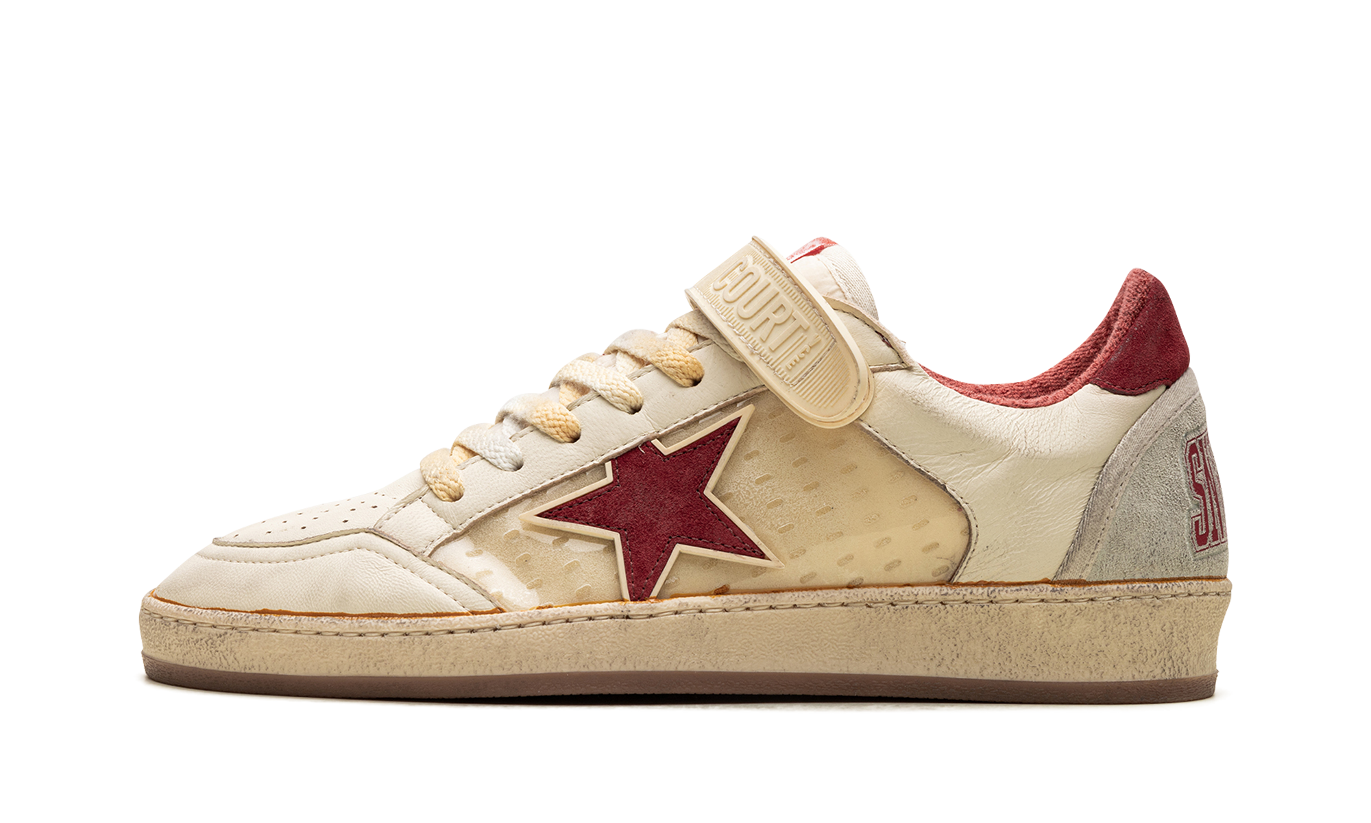 BALL STAR WITH STRAP NAPPA AND PVC UPPER SUEDE STAR SPUR AND HEEL "WHITE ICE RED PVC"、mysite、Cacoeks