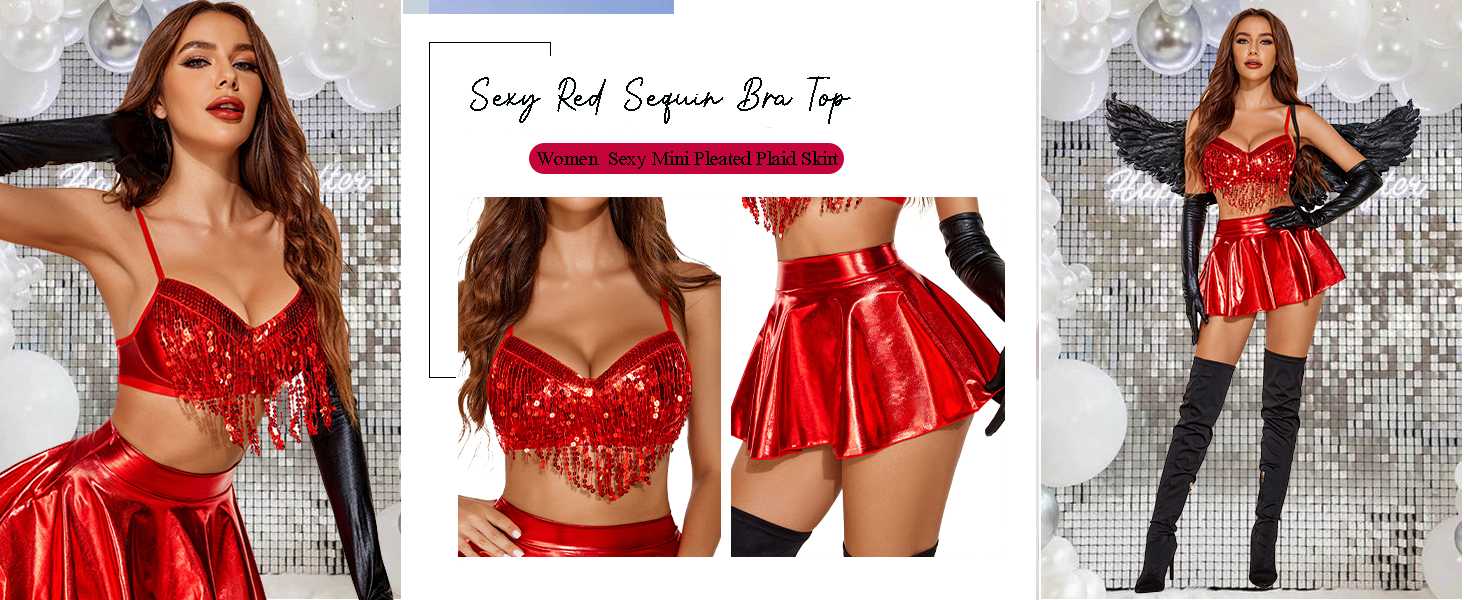 Women Metallic Rave Outfit Shiny Crop Top Bra Skirt Music Festivals Halloween Cosplay Costume