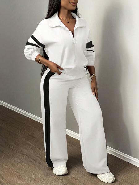 Women's Zipper Jacket & Striped Wide-Leg Pants Set, Streetwear & Casual, Two-Piece Suit for Daily Wear