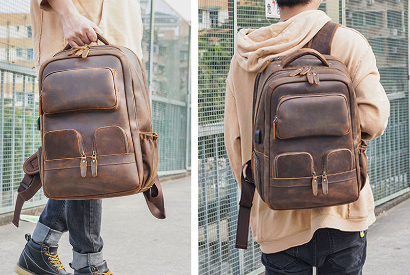 Outdoor Model Show of Leather Backpack