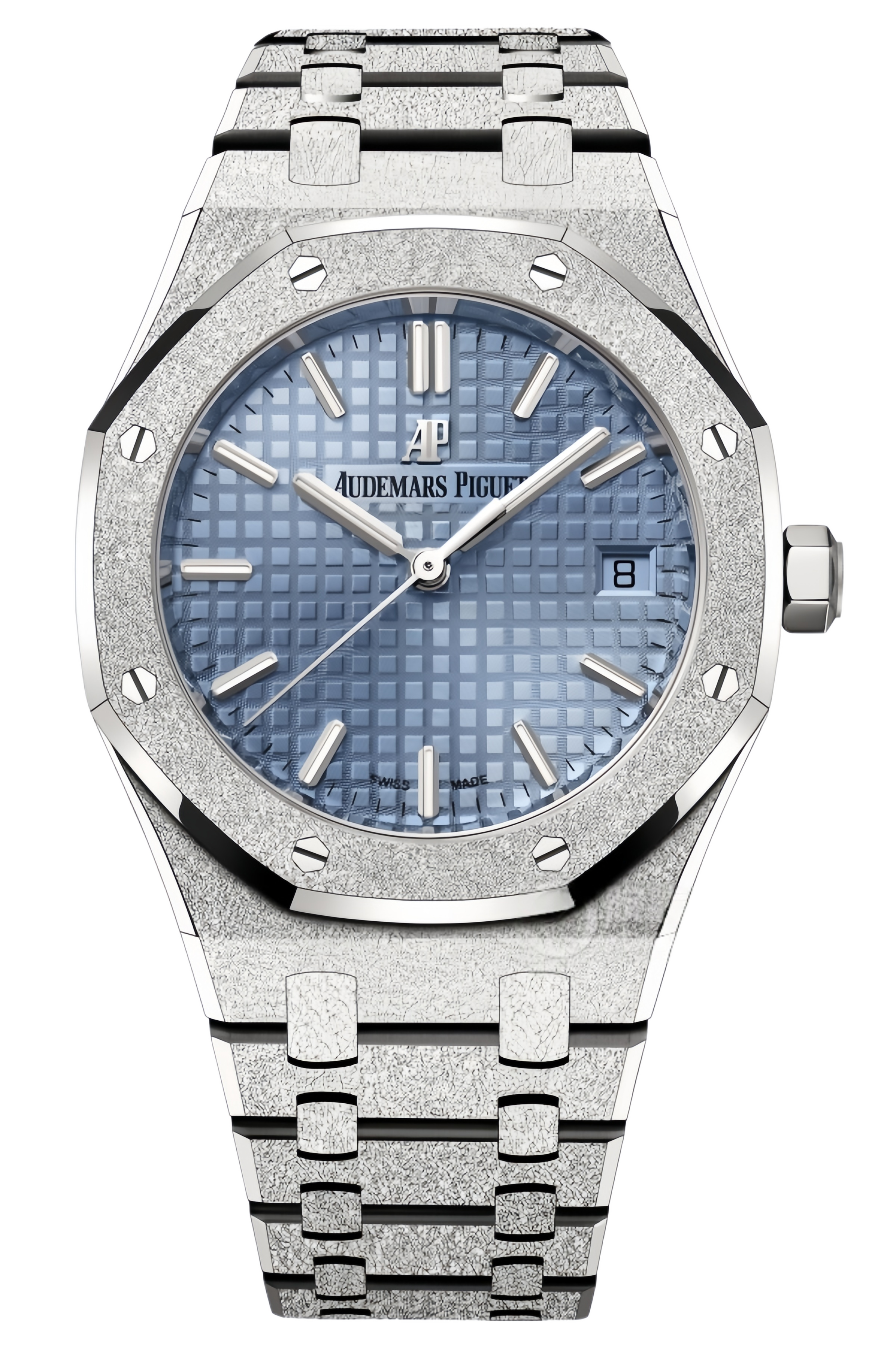 Audemars Piguet Royal Oak Ref. 77353BC.GG.1263BC.01 Super Clone Watch – 34mm White Gold Case Diamond Bezel Blue Dial Swiss Replica