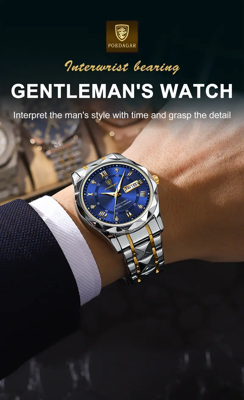 poedagar new swiss mens stainless steel quartz wristwatch students korean version of youth fashion waterproof luminous calendar mens watch details 2