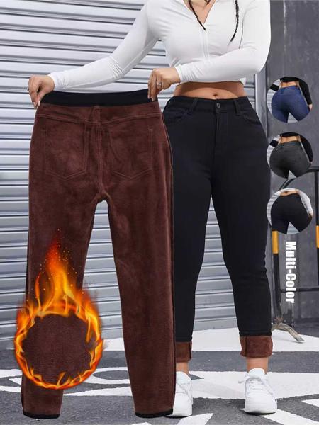 Women's Fall Winter Fleece Lined Denim Jeans, Elegant Woven Fabric, Thicken Warm Comfortable Pants, High Waist Slim Fit Design