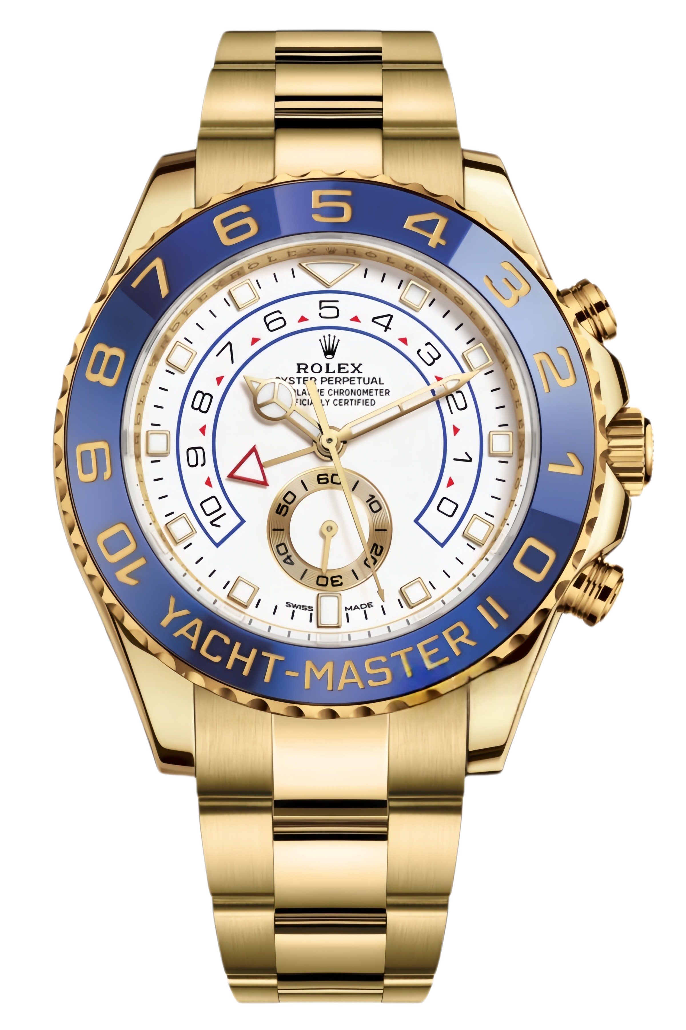 Rolex Yacht-Master II Mercedes Hands Super Clone Swiss Replica Watch Ref M116688-0002 Blue Bezel 18K Yellow Gold