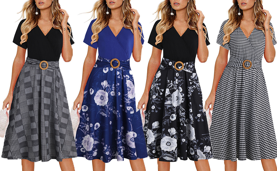 Women Criss-Cross Faux Wrap Vintage Short Sleeve Work Casual Party Tea Swing Dress with Pockets