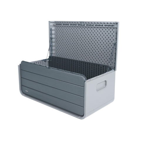 Open view of the Lifetime Modern Outdoor Storage Deck Box with a 136-gallon capacity, showcasing the interior and lid design.