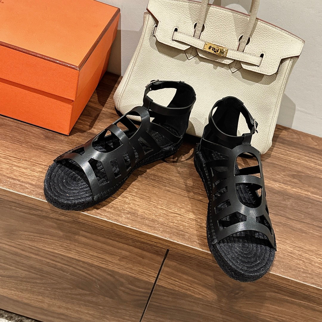 STRAW SOLE SANDAL BLACK LAMBSKIN、mysite、Cacoeks