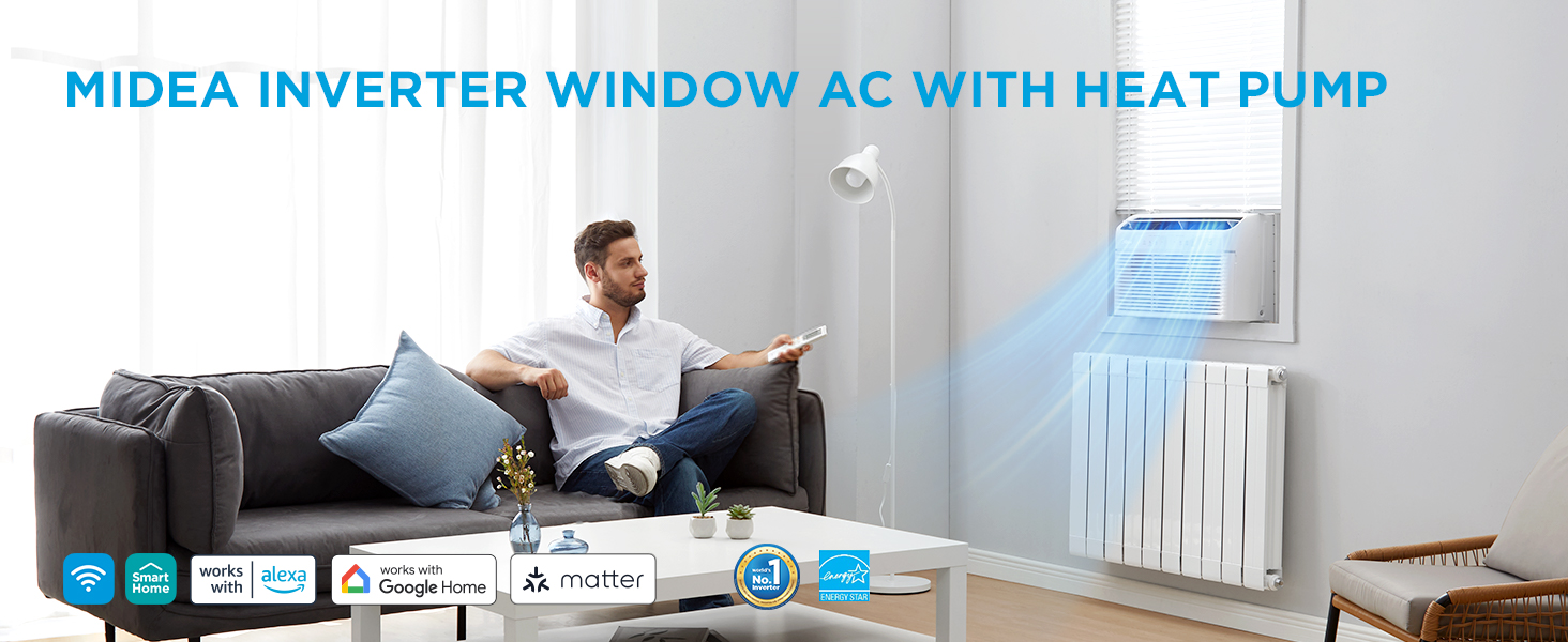 Midea 12000 BTU Smart Inverter Air Conditioner Window Unit with Heat Premium A+1