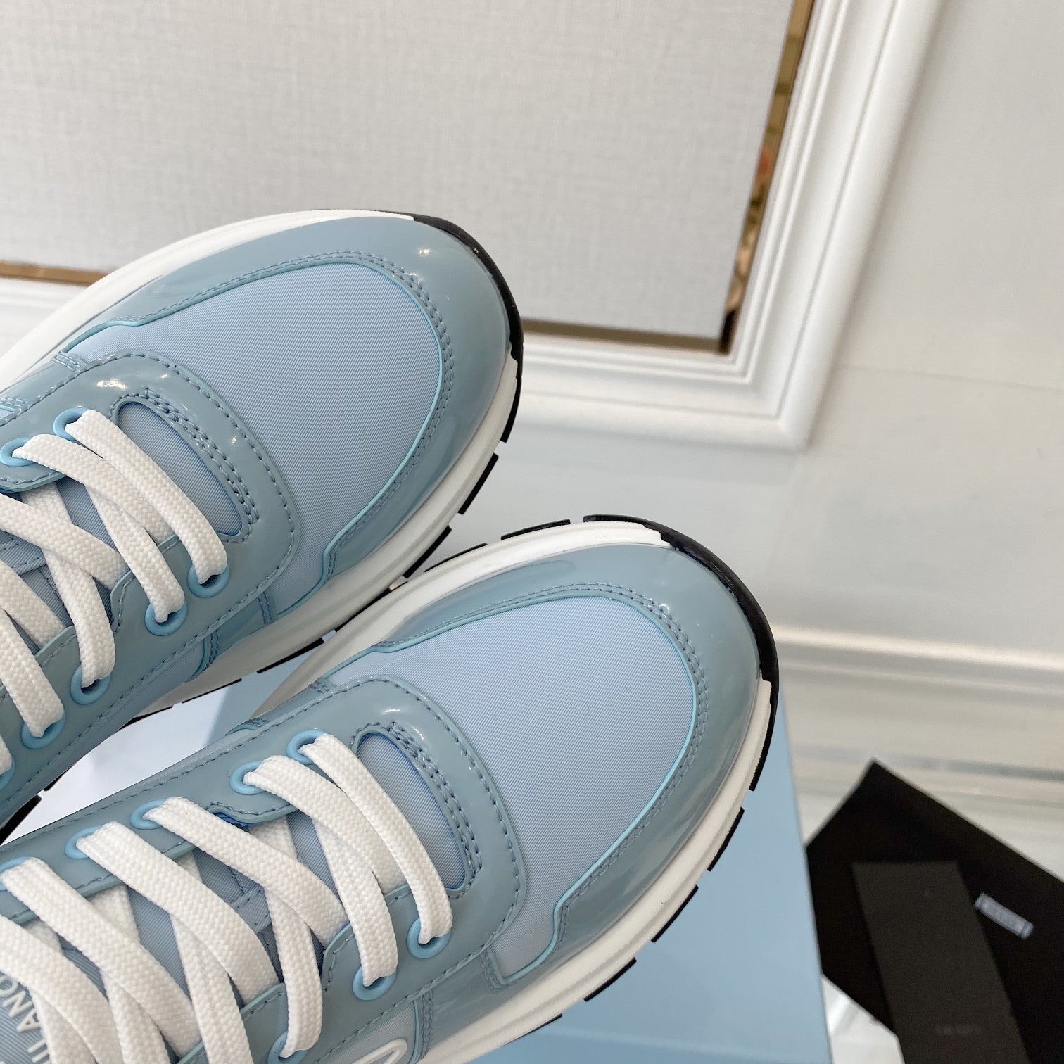 PRADA 25S THICK SOLE SNEAKER IN LIGHT BLUE CALFSKIN AND CANVAS、mysite、Cacoeks