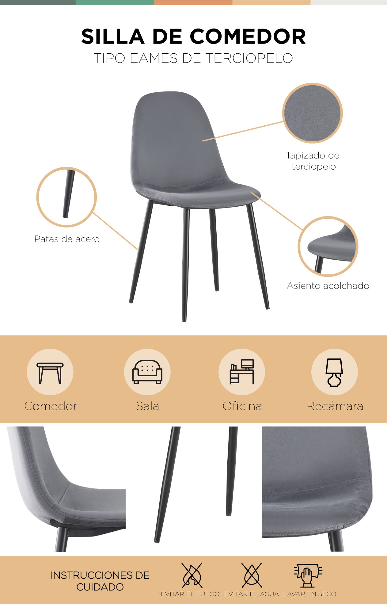 Silla de Sala Comedor Eames de Terciopelo Gris
