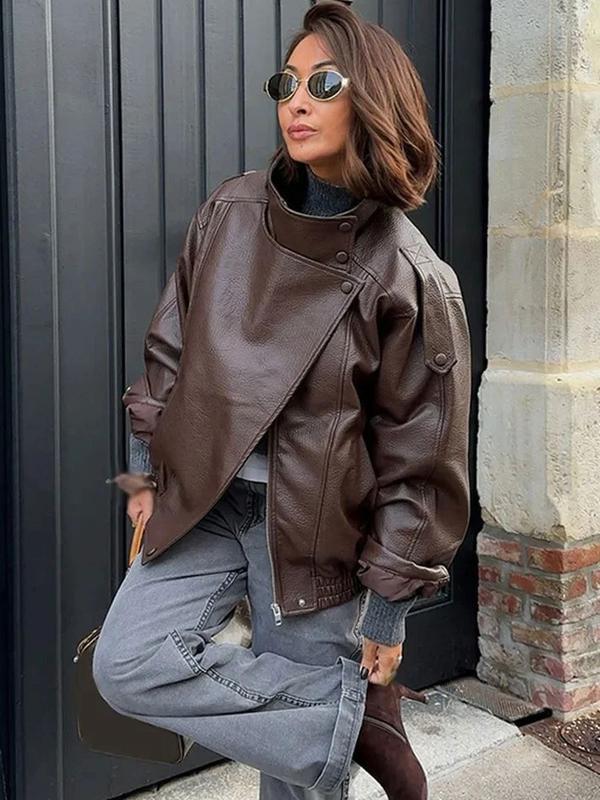 BB-2026 Hot Selling-Faux Leather Stand Collar Oversized Moto Jacket, Elastic Hem Streetwear, Casual Long Sleeve Water- and Wind-Resistant Outerwear for Spring & Fall, Ladies Clothes for Daily Wear, Chic Outerwear