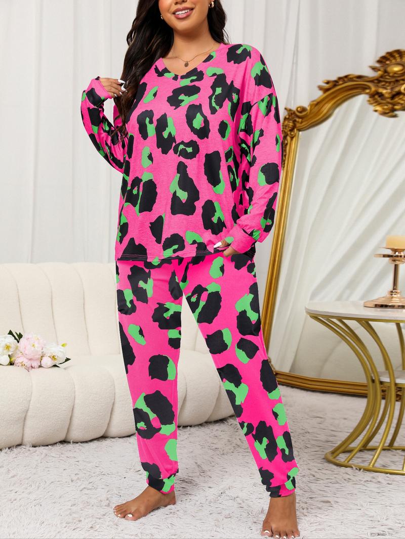 Two-Piece Plus Size Leopard Print Pajama Set Casual Drop Shoulder T-Shirt and Solid Color Long Pants Set for Women Spring and Autumn Pajamas Women's Pajamas