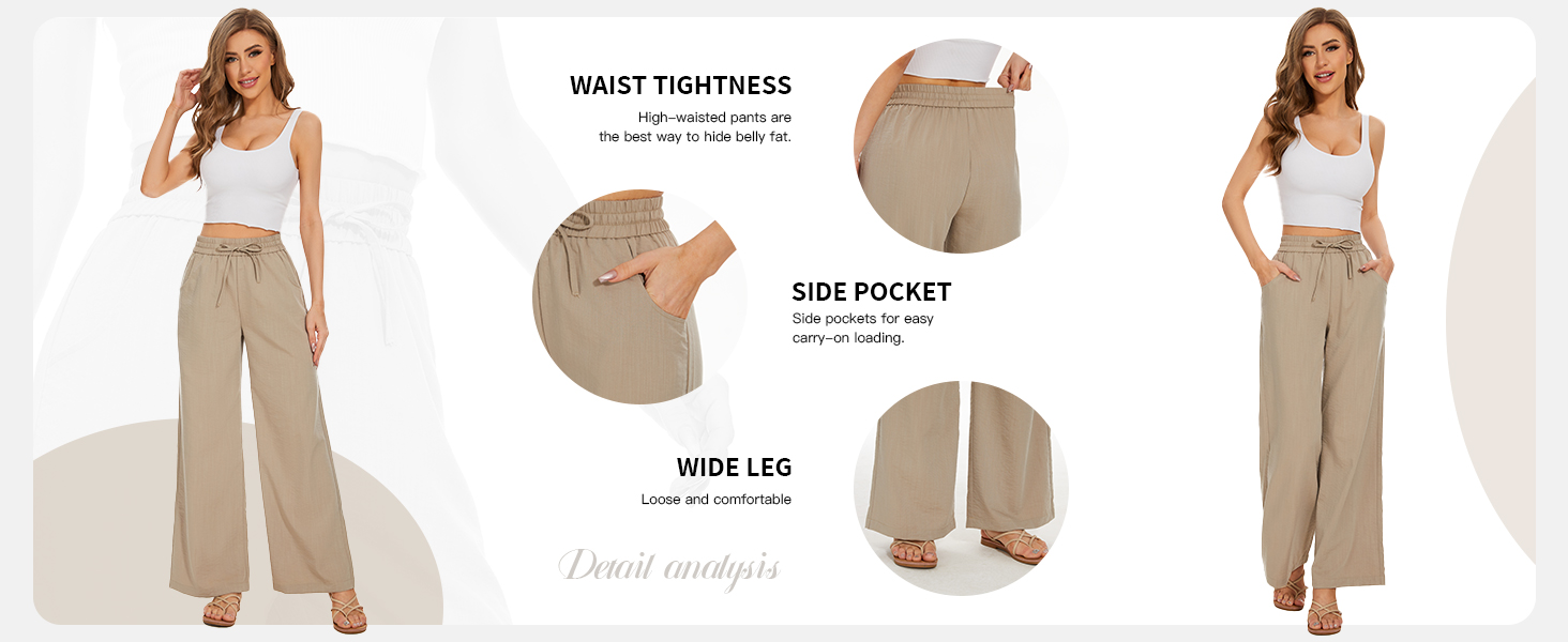 Women Cotton Linen Pants Drawstring Waist Wide Leg Palazzo Pants Loose Fit with Pockets