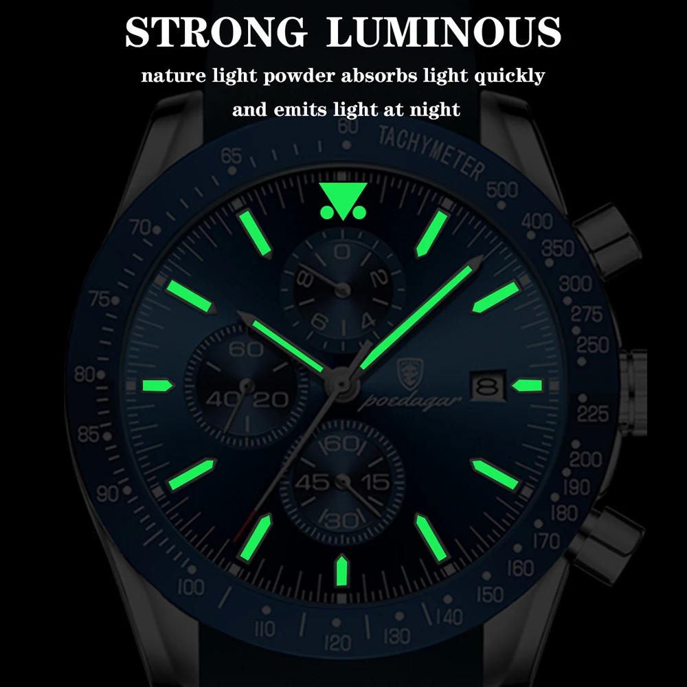 POEDAGAR Men Watch Fashion Sport Chronograph Silicone Quartz Watches Top Brand Luxury Waterproof Luminous Date Men's Wristwatch