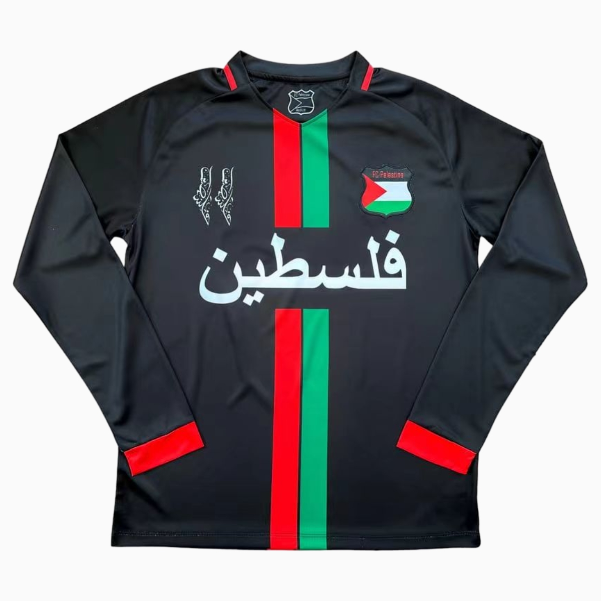 JerseysGala.com | FC Palestina 24-25 Black Centre Striped Long Sleeve Jersey with Arabic and Pattern -Customize Name, Number and Patch | Worldwide Shipping