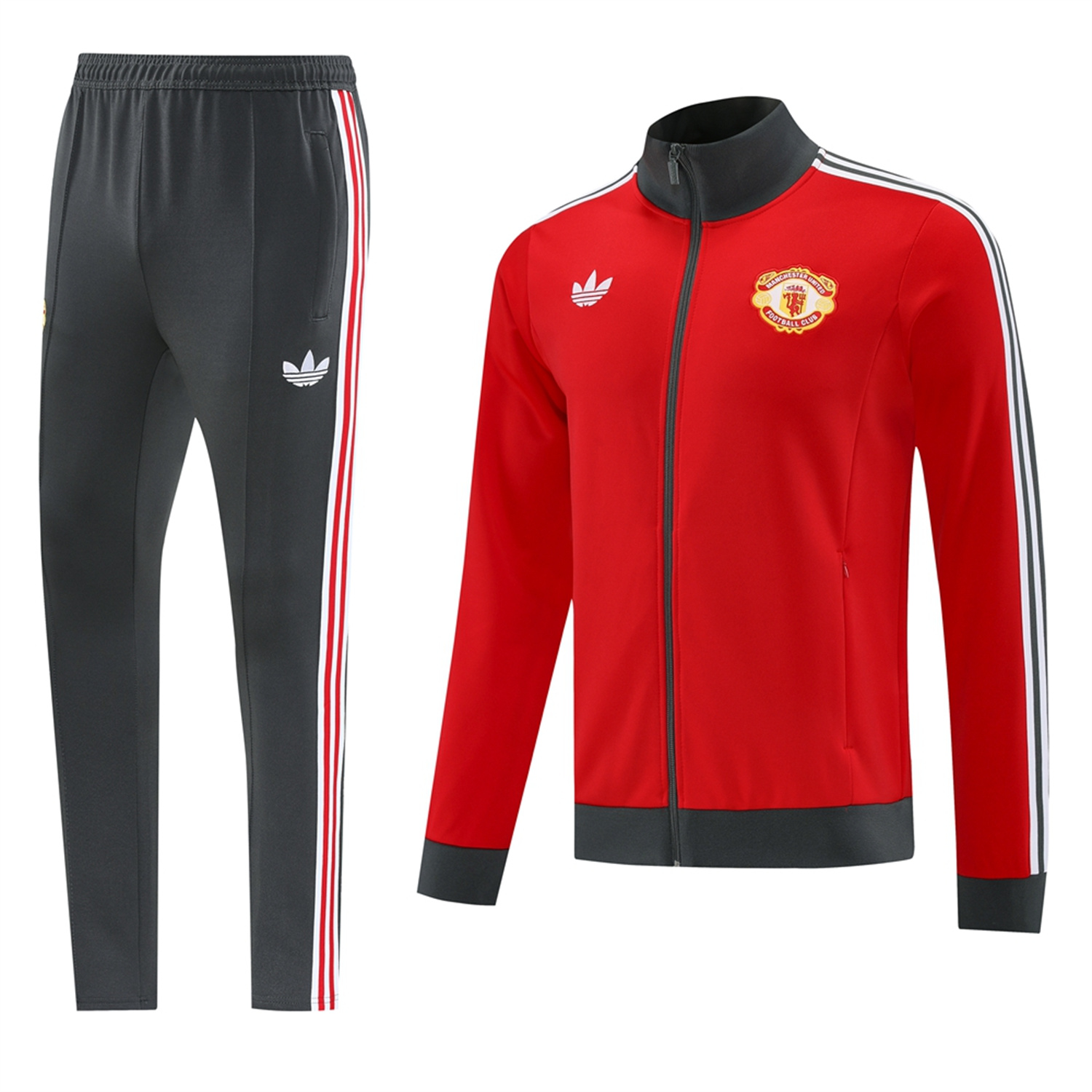 foot-Manchester United 24-25 Throwback Jacket Training Tracksuit - Red Jackets & Grey Pants