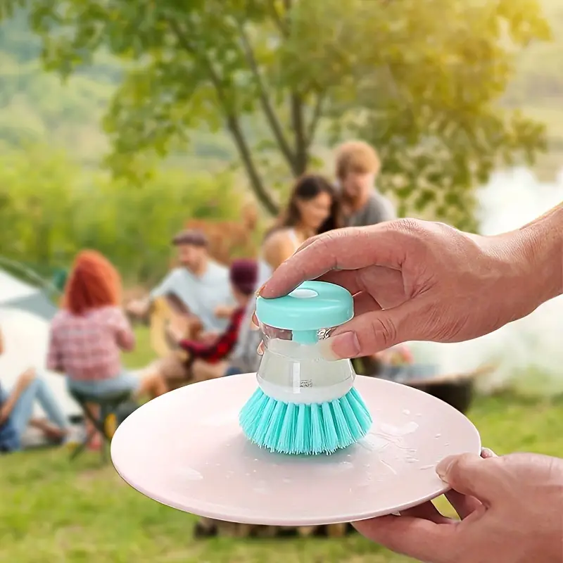 1pc portable manual press liquid dishwashing brush   pp material no electricity needed compact multi purpose kitchen tool for rv camping outdoor picnics home use durable cleaning brush details 1