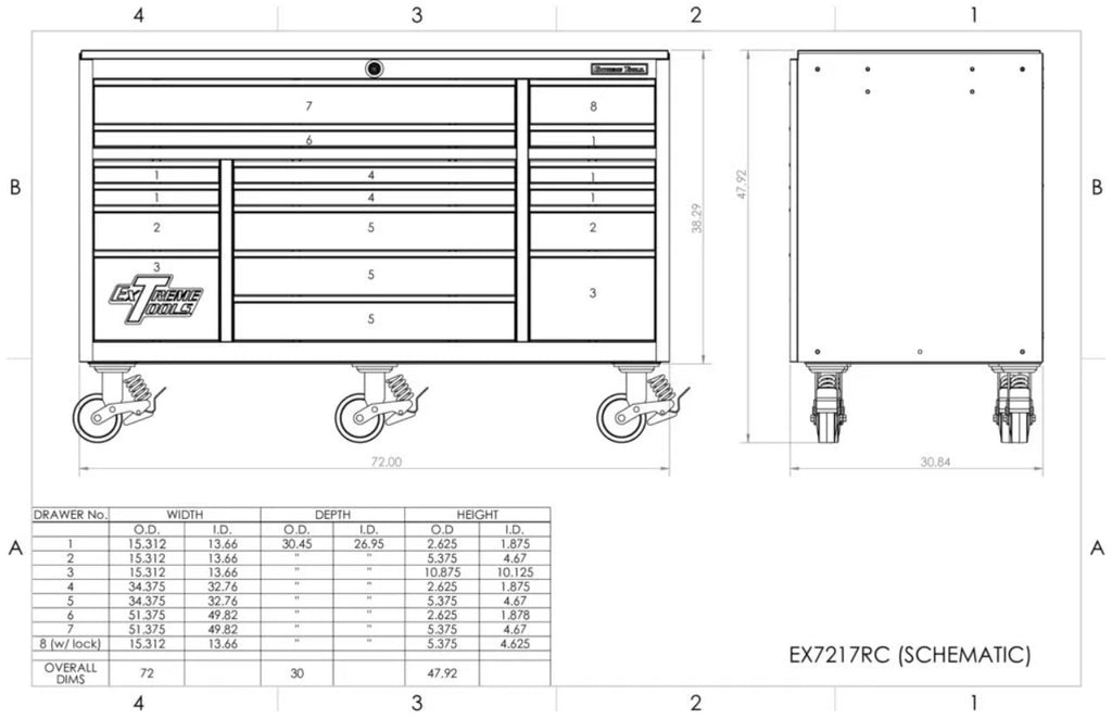 Schematic Drawing Of An Extreme Tools EX7217RC Tool Chest Detailing The Front And Side Views Along With The Dimensions And Specifications