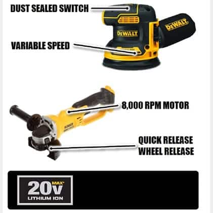 The DCG412 Grinder provides up to 7000 RPM. The DCW210 Random Orbital Sander offer variable speed control for 8,000-12,000 OPM The DCG412 Grinder provides up to 7000 RPM. The DCW210 Random Orbital Sander offer variable speed control for 8,000-12,000 OPM