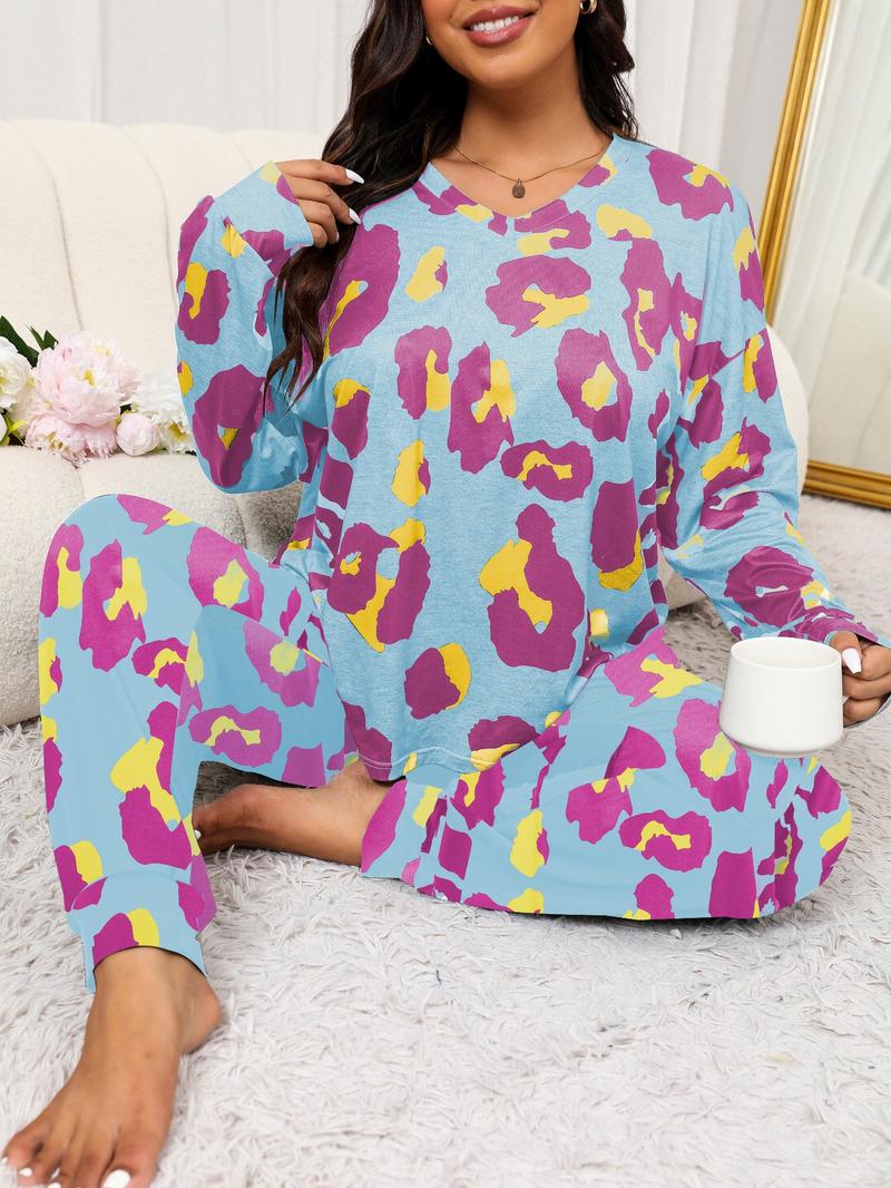 Two-Piece Plus Size Leopard Print Pajama Set Casual Drop Shoulder T-Shirt and Solid Color Long Pants Set for Women Spring and Autumn Pajamas Women's Pajamas