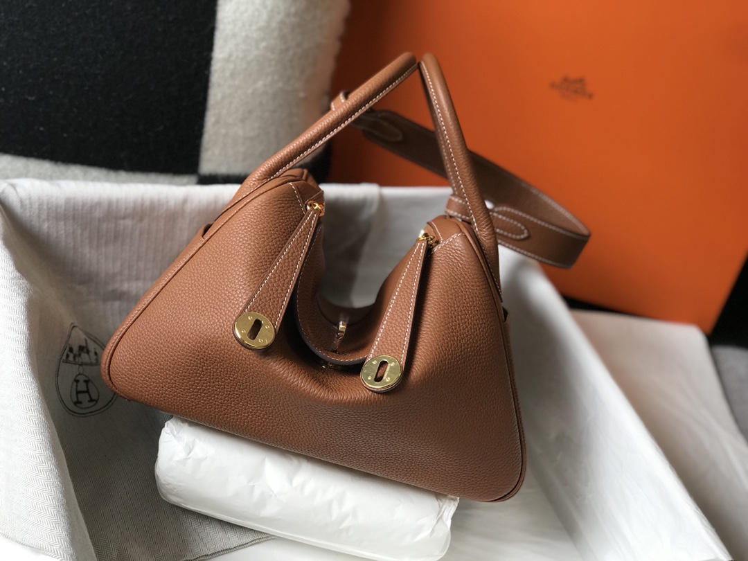 Original Copy Hermes Lindy Handbag Calfskin Brown with Gold and Sliver Hardware