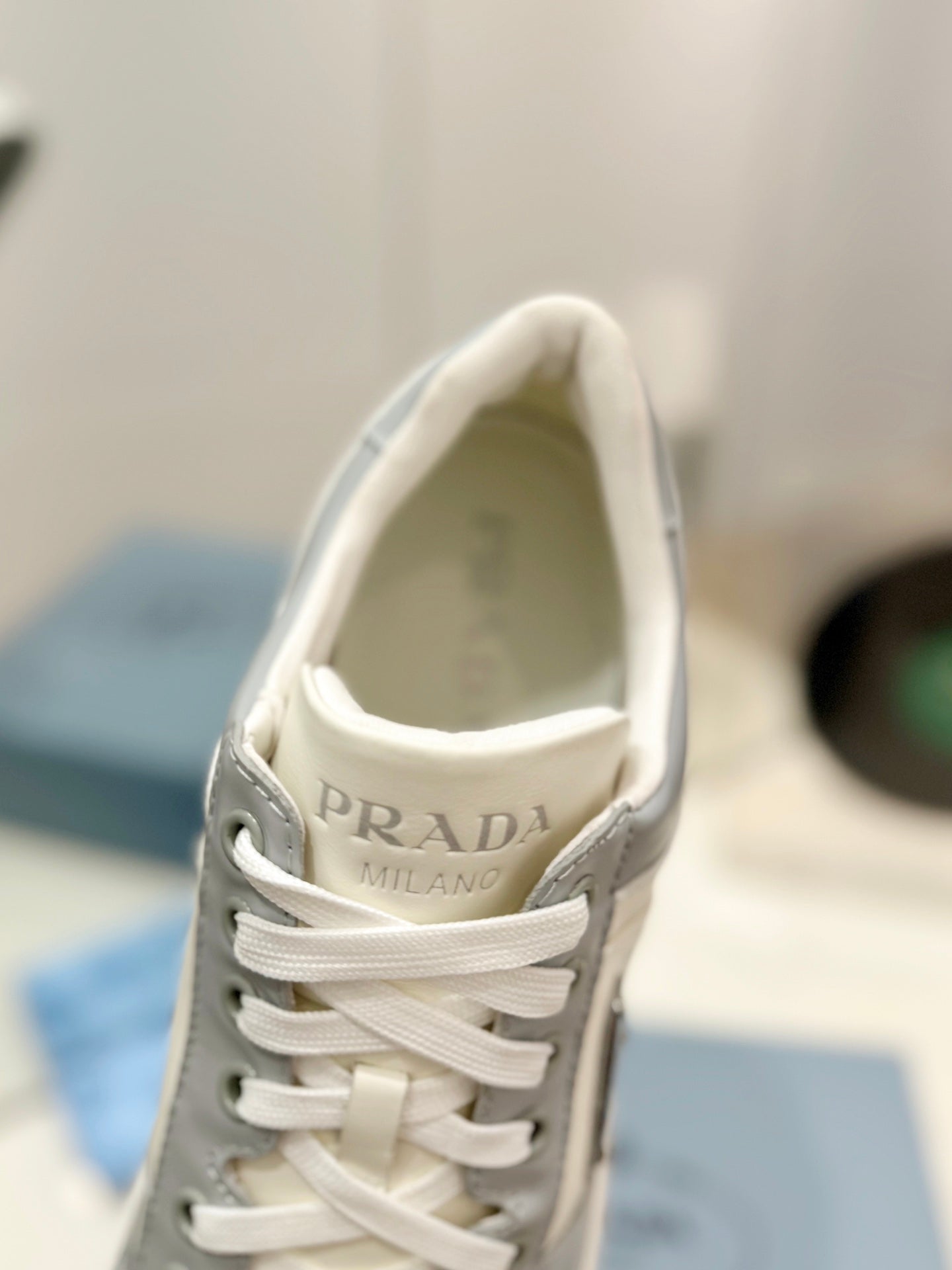 PRA DOWNTOWN PERFORATED SNEAKERS WHITE AND GRAY CALFSKIN、mysite、Cacoeks