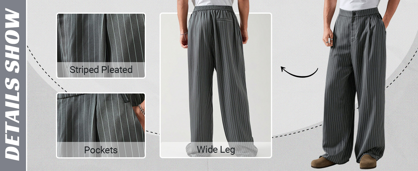 GORGLITTER Men&#39;s Striped Pleated Long Pants Zipper Fly Wide Leg Trousers with Pockets