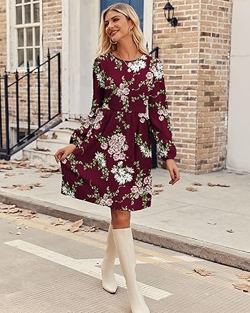 Womens Floral Fall Dress for Women Sweater Dress with Pockets Women Casual A-Line Dress