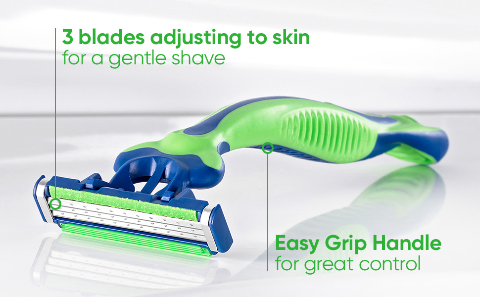 3 blades adjusting skin for a gentle shave Easy grip handle for great control