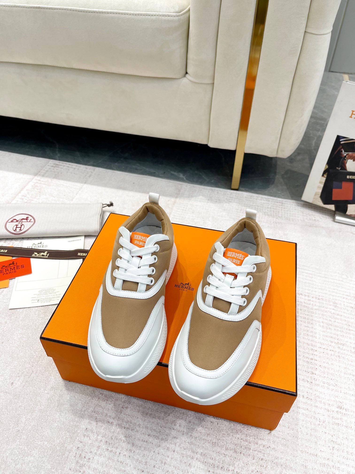 GIGA SNEAKER IN CIDER BROWN STITCHED MESH AND WHITE CALFSKIN、mysite、Cacoeks