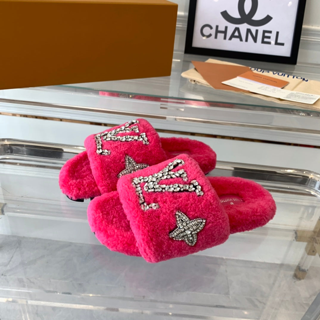 LV WOMEN'S PASEO FLAT SLIPPER IN DEEP PINK FLEECE、mysite、Cacoeks