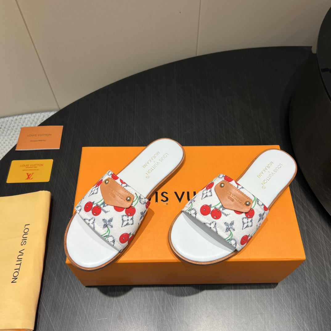 LV SLIDE SANDALS 25S IN WHITE DENIM AND CALFSKIN WITH LOGO PRINT、mysite、Cacoeks
