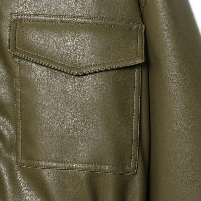 Women's Olive Green Faux Leather Bomber Moto Jacket with Stand Collar and Flap Pockets, Short Layered Streetwear Outerwear