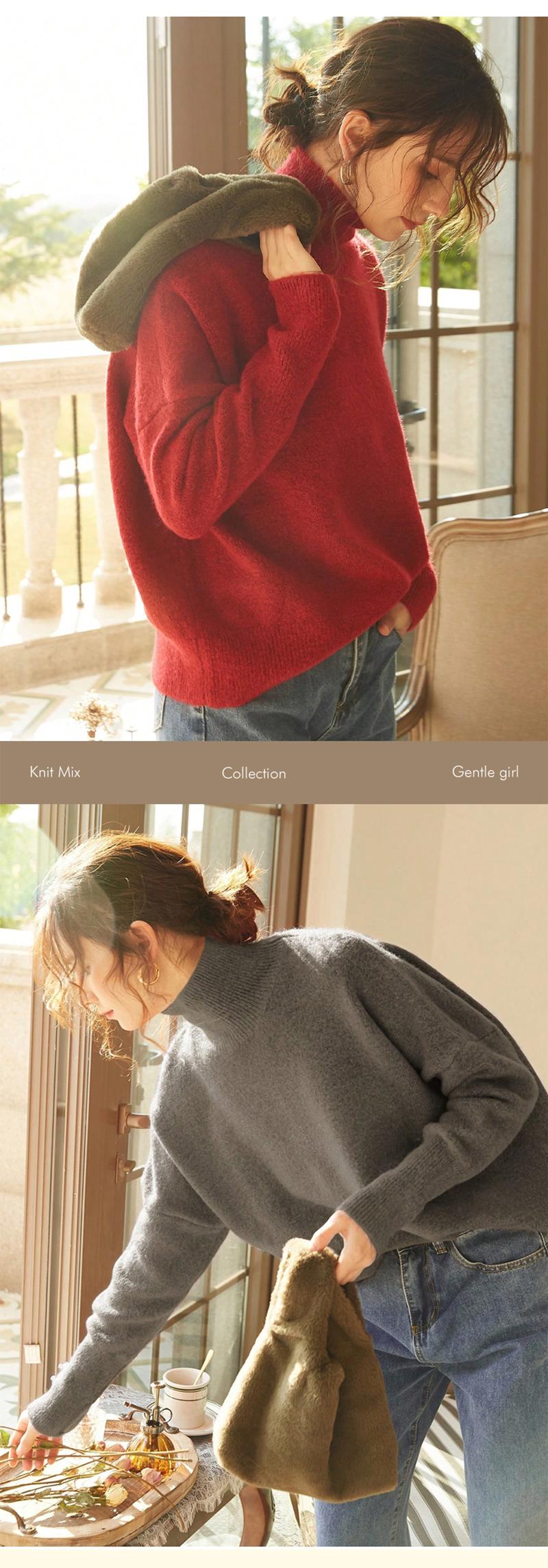 Autumn Winter Women's Knit Sweater High Neck Loose Casual French Style Elegant Simple Solid Color Pullover Long Sleeve Top