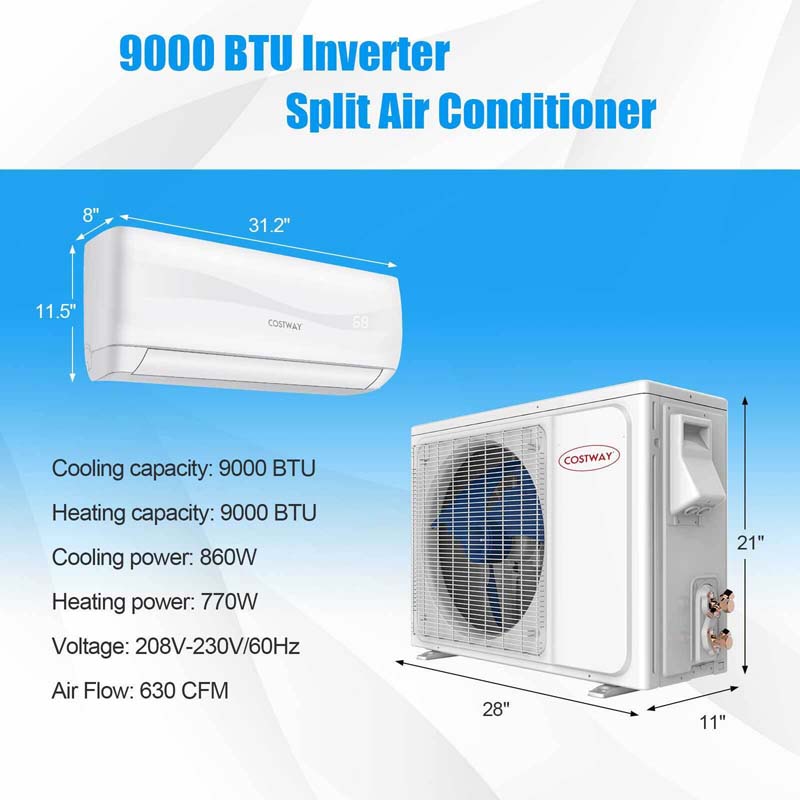 Eletriclife 9000 BTU Split Air Conditioner & Heater Wall Mount AC Unit with Remote Control