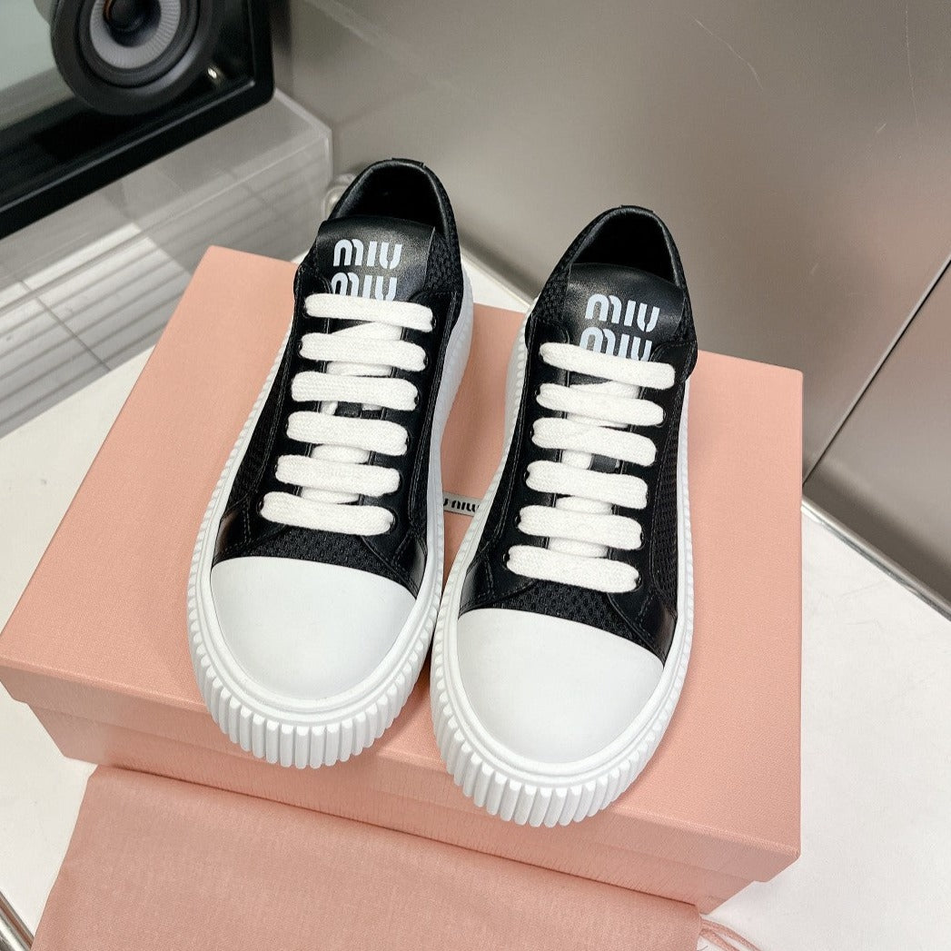 SNEAKERS THICK-SOLED BLACK MESH COWHIDE、mysite、Cacoeks