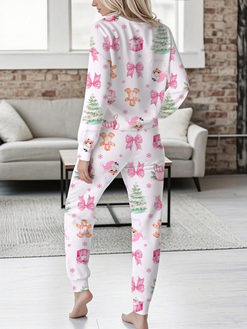 Women's Christmas Print Casual Set, Long Sleeve V Neck Top & Belted Pants, Ladies Homewear & Pajamas, Spring & Fall Fashion