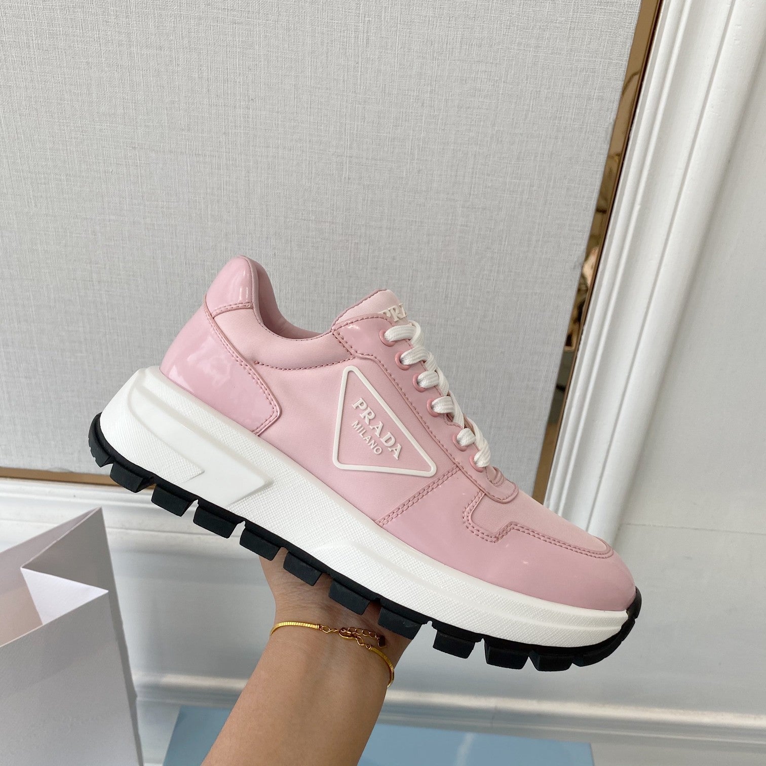 PRADA 25S THICK SOLE SNEAKER IN LIGHT PINK CALFSKIN AND CANVAS、mysite、Cacoeks